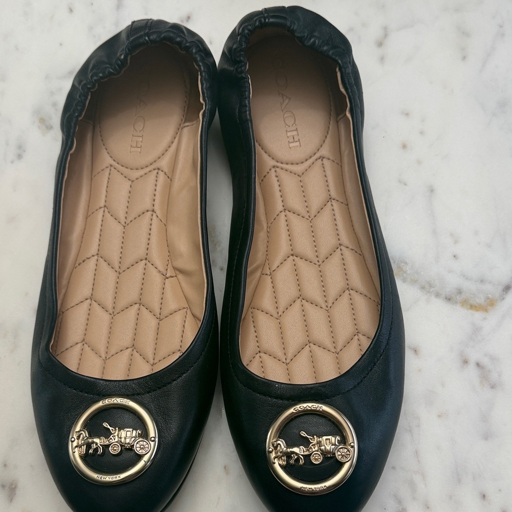 Coach Black Leather Flats with Gold Accent